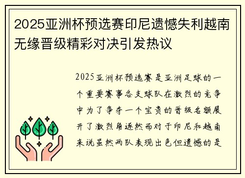 2025亚洲杯预选赛印尼遗憾失利越南无缘晋级精彩对决引发热议
