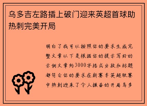 乌多吉左路插上破门迎来英超首球助热刺完美开局 乌多吉左路插上破门迎来英超首球助热刺完美开局
